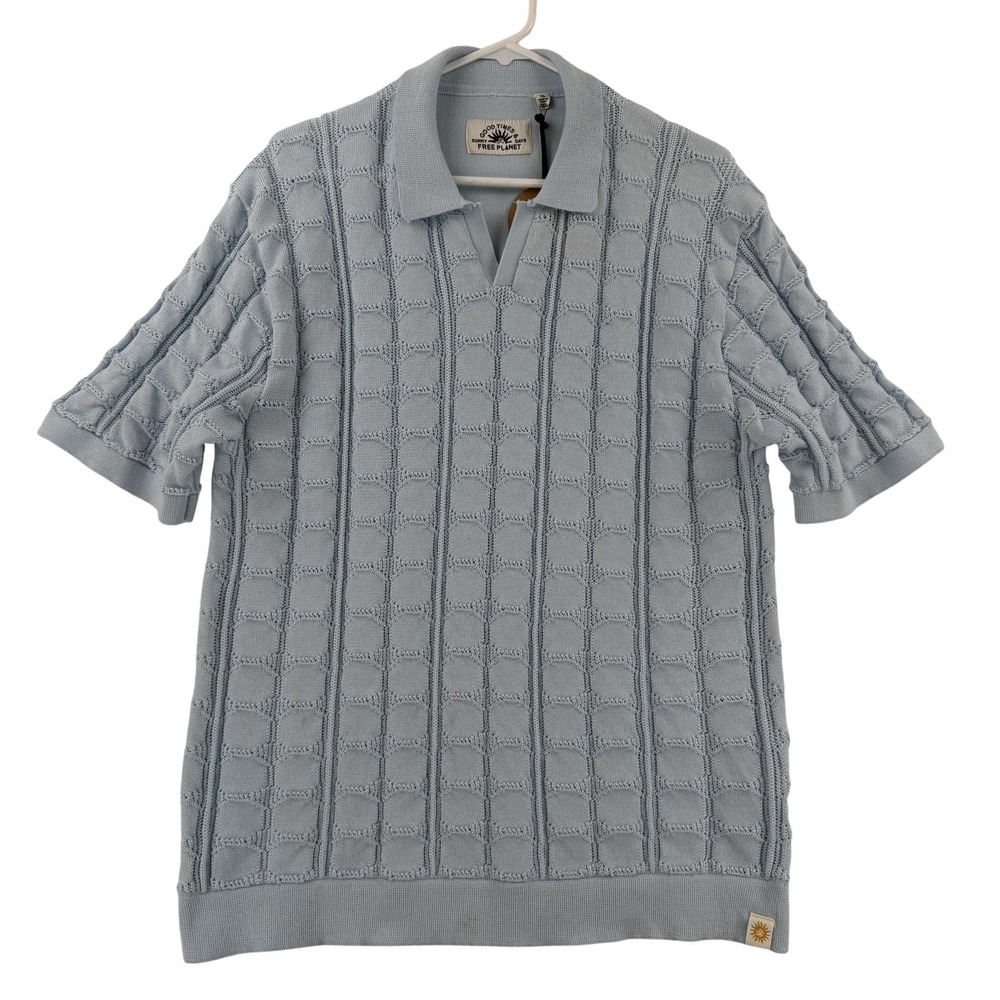 Free Planet Polo Shirt Mens XL Baby Blue Geometric Textured Knit Casual Top NWT